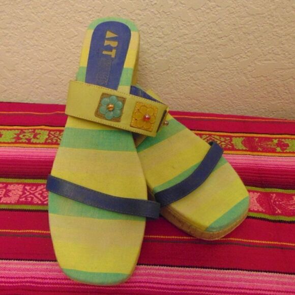 EUC ART EFFECTS Green Blue Yellow Striped w/Beaded Flowers Sandals Brazil 10 - Picture 1 of 9